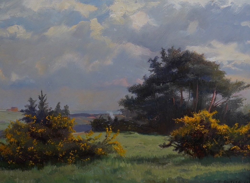 Charles Ernest Butler (1864–1933), oil on board, Gorse landscape, signed and dated '02, 21.5 x 29cm, gilt framed. Condition - good